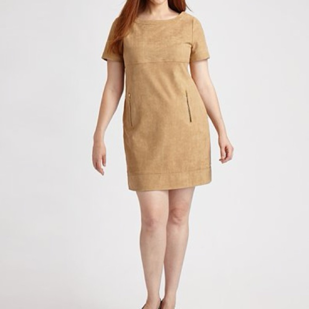 Pheobe Couture Tan Suede Short Sleeve Fall Winter Work Dress